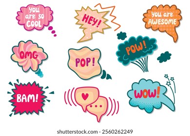 Speech notes or text bubble collection.Cartoon designs set isolated on white background.Pop Art style elements with hand written.For use in cards,banners,stickers,posters.Flat  vector illustration.