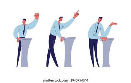 Discurso en el podio. Un hombre con una camisa azul con corbata y pantalones hace una presentación. Figura política. Ilustración vectorial de personajes de dibujos animados aislados en fondo blanco.