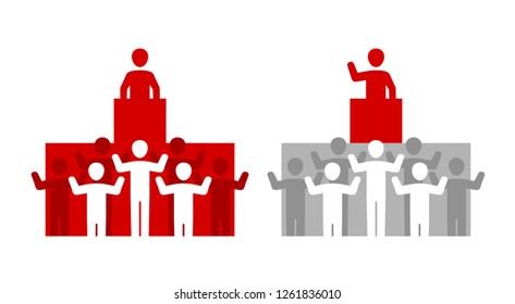 Speech from the podium - people group listening and applaud to speaker (seminar presenter or politician) - vector icon or forum emblem in two variations