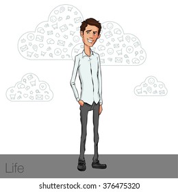 Speech presentation of business product, project, report at conference. Handsome man in shirt tells story of website. Leadership storytelling and set of characters. Vector isolated illustration