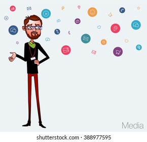 Speech presentation of business product, project, report at conference. Handsome man in shirt tells story of website. Leadership storytelling and set of characters. Vector isolated illustration