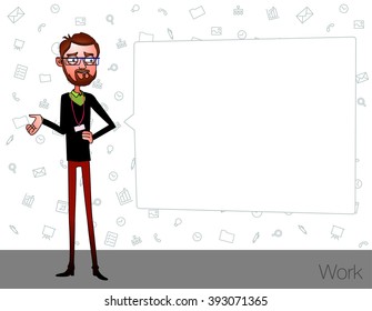 Speech presentation of business product, project, report at conference. Handsome man in shirt tells story of website. Leadership storytelling and set of characters. Vector isolated illustration
