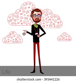 Speech presentation of business product, project, report at conference. Handsome man in shirt tells story of website. Leadership storytelling and set of characters. Vector isolated illustration