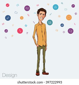 Speech presentation of business product, project, speech at conference. Handsome man wit balloon isolated of website. Storytelling in vector balloon. Vector isolated illustration balloon with guy.