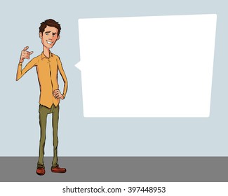 Speech presentation of business product, project, speech at conference. Handsome man wit balloon isolated of website. Storytelling in vector balloon. Vector isolated illustration balloon with guy.