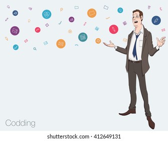 Speech presentation of business product, project, speech at conference. Handsome man wit balloon isolated of website. Storytelling in vector balloon. Vector isolated illustration balloon with guy