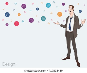 Speech presentation of business product, project, speech at conference. Handsome man wit balloon isolated of website. Storytelling in vector balloon. Vector isolated illustration balloon with guy