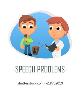 Speech problems medical concept. Vector illustration. Doctor and patient are talking in the hospital. Isolated on white background.