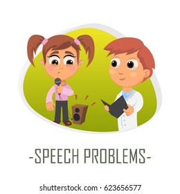 Speech problems medical concept. Vector illustration. Doctor and patient are talking in the hospital. Isolated on white background.