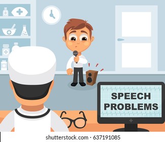 Speech problems medical concept. Vector illustration. Doctor and patient are talking in the hospital. Isolated on white background.