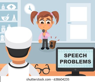 Speech problems medical concept. Vector illustration. Doctor and patient are talking in the hospital. Isolated on white background.