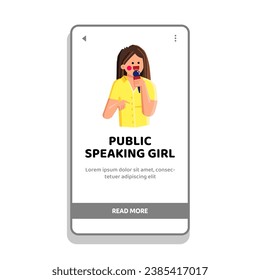 speech public speaking girl vector. speaker person, podium portrait, news media speech public speaking girl web flat cartoon illustration