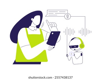 Speech recognition abstract concept vector illustration. Woman holding smartphone when using speech recognition app, IT technology, data transfer, big data, machine learning abstract metaphor.