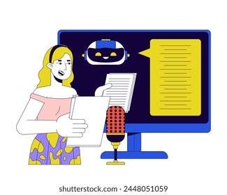 Speech recognition in AI 2D linear illustration concept. Blonde woman microphone in voiceover studio cartoon character isolated on white. Voice to text metaphor abstract flat vector outline graphic