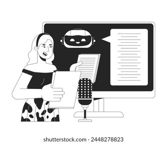 Speech recognition in AI black and white 2D illustration concept. Blonde woman microphone in voiceover studio cartoon outline character isolated on white. Voice to text metaphor monochrome vector art