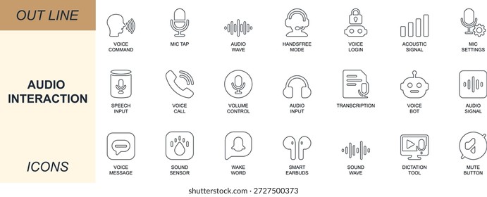 Icono de línea de reconocimiento de voz e interacción de audio configurado con micrófono, onda de audio, voz, chatbot, habla AI, entrada de voz y control de sonido. Ideal para App, interfaz de usuario y dispositivos inteligentes.