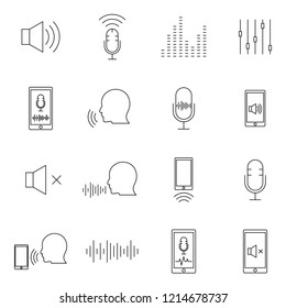 Speech recognition device. Set of voice dialing, call routing and voice search. Vector symbols isolated on a white background. Simple pictograms.