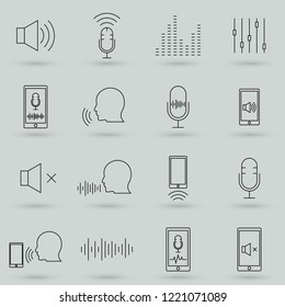 Speech recognition device. Set of voice dialing, call routing and voice search. Vector symbols isolated on a white background. Simple pictograms.