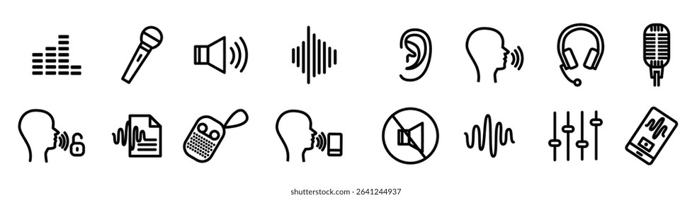 speech recognition device signs black thin line icon set include headphones microphone sound speaker