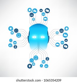 Speech Recognition, Digital Aid, Machine Learning, Artificial Intelligence, Cloud Computing and Networks Design Concept with Icons and Robot Head