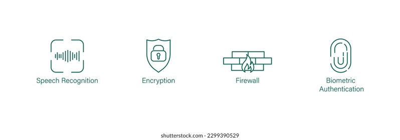 speech recognition, encryption, firewall, biometric authentication icon set vector illustration 