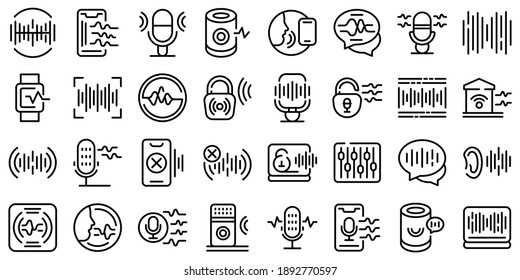 Speech recognition icons set. Outline set of speech recognition vector icons for web design isolated on white background