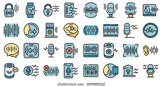 Speech recognition icons set. Outline set of speech recognition vector icons thin line color flat on white