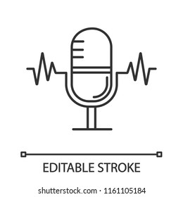 Speech recognition linear icon. Thin line illustration. Voice command control. Microphone. Sound recording. Contour symbol. Vector isolated outline drawing. Editable stroke