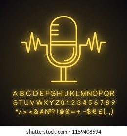 Speech recognition neon light icon. Voice command control. Microphone. Sound recording. Glowing sign with alphabet, numbers and symbols. Vector isolated illustration