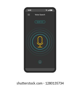 Speech recognition smartphone interface vector template. Voice search. Mobile app interface black design layout. Voice action and control. Flat UI for application. Phone display with microphone