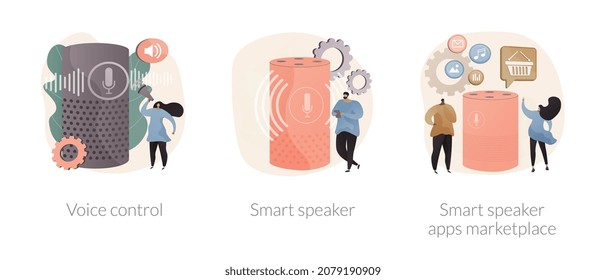 Speech recognition technology abstract concept vector illustration set. Voice control, smart speaker, voice assistant apps development, virtual home automation, internet of things abstract metaphor.