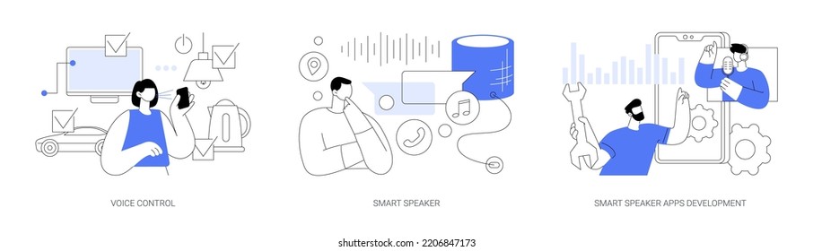 Spracherkennungstechnologie, abstraktes Konzept, Vektorgrafik-Set. Sprachsteuerung, intelligenter Lautsprecher, Entwicklung von Sprachassistenten, virtuelle Heimautomatisierung, Internet von Dingen abstrakte Metapher.