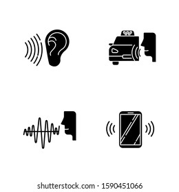 Speech recognizing glyph icons set. Voice control. Soundwave, voice command, cab order. Interactive response system. Talk and listen. Silhouette symbols. Vector isolated illustration