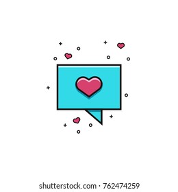 Speech rectangle bubble with heart - flat color line icon. Comic balloon sign for messaging, texting or chatting. Dialog box symbol for social media applications and dating services.