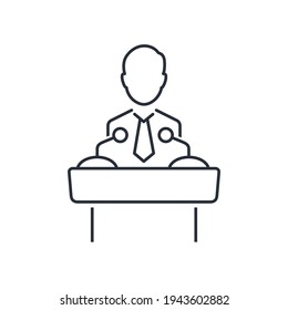Discurso desde la tribuna. Declaración política. Ilustración lineal vectorial aislada en fondo blanco.