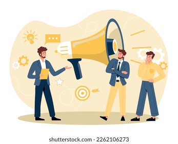 Speech of senior colleague. Man makes presentation, boss gives instructions to subordinates. Teamwork and partnership, business processes and meeting concept. Cartoon flat vector illustration