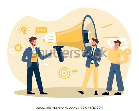 Speech of senior colleague. Man makes presentation, boss gives instructions to subordinates. Teamwork and partnership, business processes and meeting concept. Cartoon flat vector illustration Foto stock © 