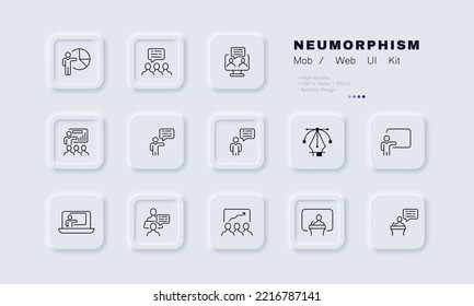 Speech Set Icon. Communication, Presentation, Tribune, Slide Show, Conference, Lecture, Task Distribution, Discussion. Business Concept. Neomorphism. Vector Line Icon For Business And Advertising.