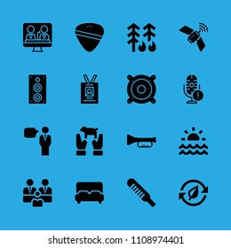 speech, speaker, bed, thermometer, recycling, forest fire, group, television and guitar pick vector icon. Simple icons set