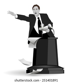 Speech with strong gestures. A man dressed in a suit. Lecturer, teacher, manager, boss. Image. Vector. Icon.