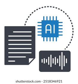 Speech Synthesis Icon. Text to speech transformation.  Illustration connecting text, AI chip, and sound wave to represent the process of transforming text to speech.