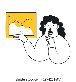 Speech, talk, marketing presentation, finance lecture, briefing. A cute cartoon businesswoman with a microphone talks about marketing test results. Thin line vector illustration on white.