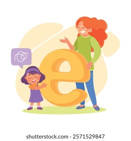Speech with Teacher Explaining Alphabet to Little Girl Vector Illustration