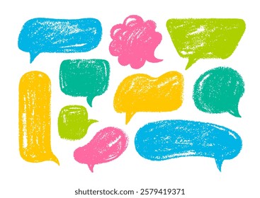 Speech text balloon. Crayon frame. Hand drawn box. Color chalk talk cloud icon. Sketch comic bubble. Cute doodle pencil speech balloon. Pastel or brush texture chat frame for text. Handwriting dialog