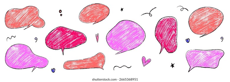 Globo de texto de voz con textura de crayón. Cuadro de diálogo de texto de voz de estilo dibujado a mano