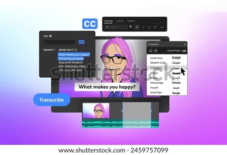 Speech to Text and Captions in Video Editor. Program Generate Subtitles. Voice Recognition feature vector illustration