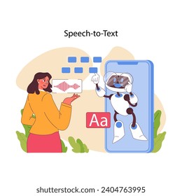 Speech to text concept. Interactive exchange between user and AI, showcasing voice recognition technology. Robot typing and writing audio message. Advanced technology help. Flat vector illustration