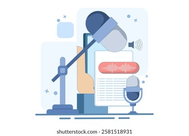 speech to text concept. Speech recognition, speech scanning, voice to text, speech recognition service. User recognizes voice and translates to text with speaker. Flat Vector Illustration.