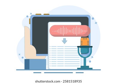 speech to text concept. Speech recognition, speech scanning, voice to text, speech recognition service. User recognizes voice and translates to text with speaker. Flat Vector Illustration.