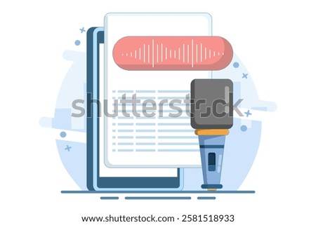 speech to text concept. Speech recognition, speech scanning, voice to text, speech recognition service. User recognizes voice and translates to text with speaker. Flat Vector Illustration.